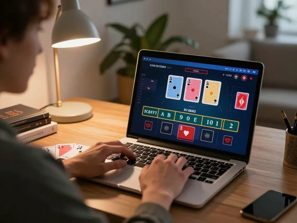 XX88 player engaging in live dealer blackjack on a laptop, showcasing a warm and modern gaming setup.