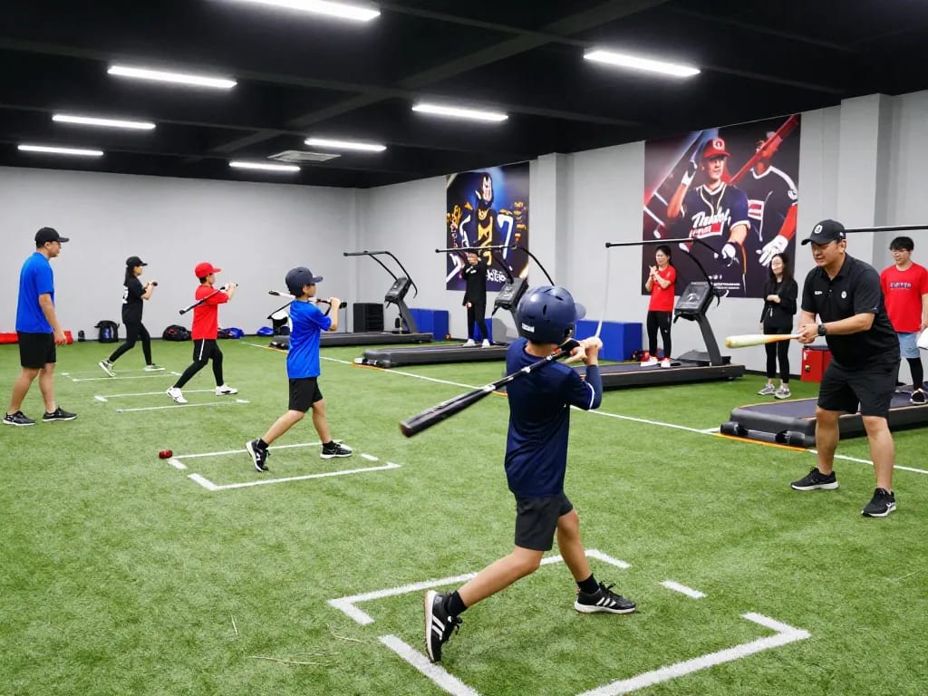 Hitclub baseball training facility with young athletes practicing swings, coaches guiding in dynamic indoor setting.
