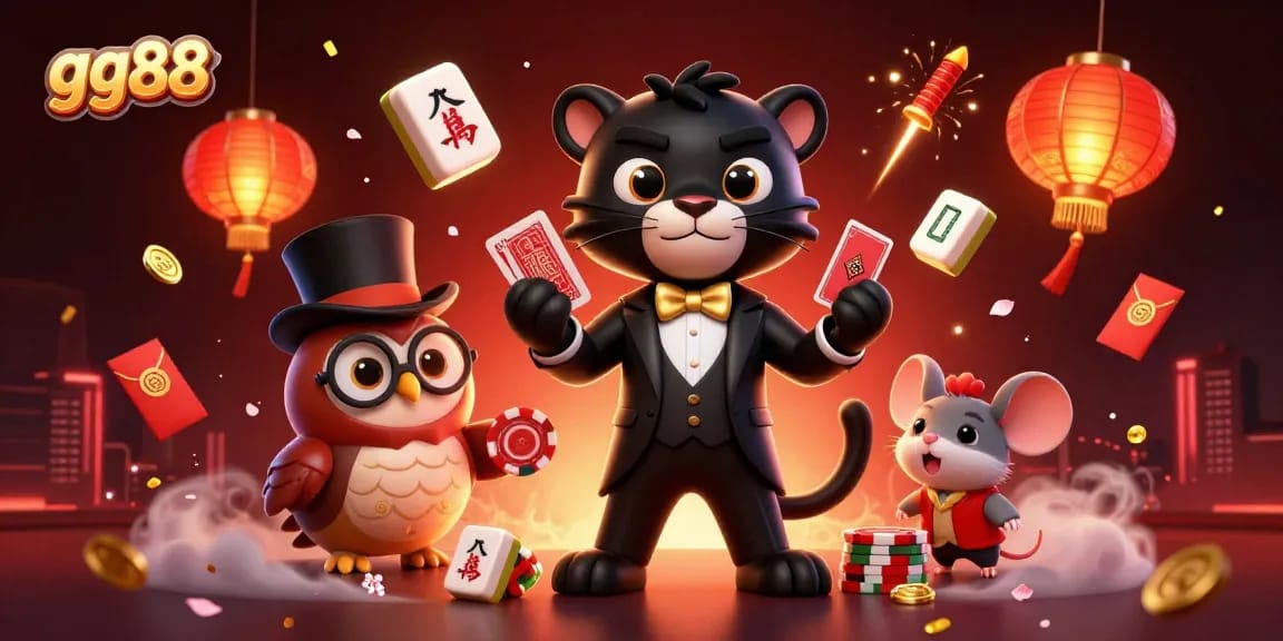 Experience the thrill of gg88 with an elegant panther dealer, owl banker, and mouse in a lively casino setting.