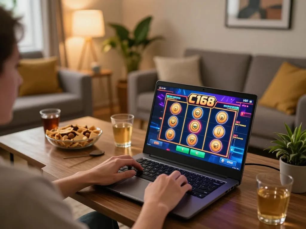 C168 online gaming with vibrant slot visuals in a cozy home setup featuring snacks.