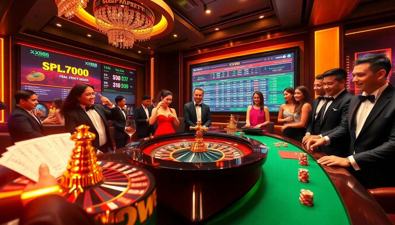 Experience high-stakes excitement at xx88 with a vibrant live casino scene featuring roulette tables and enthusiastic players.