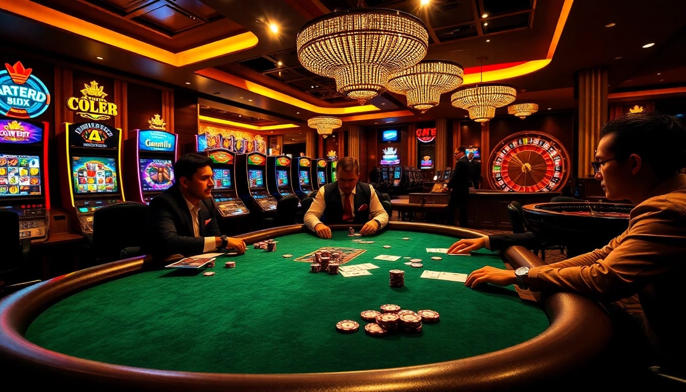 Players enjoying a thrilling poker game at a luxurious casino showcasing sun win vibes.