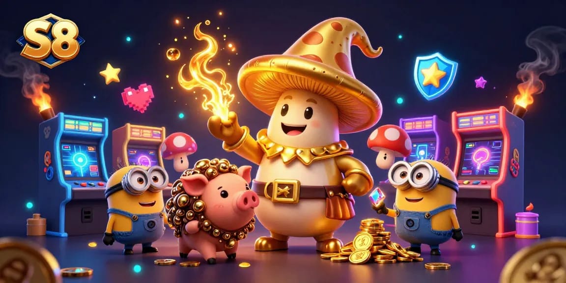 Experience the magic of S8 with a wizard turning treasures to gold in an enchanting casino setting.