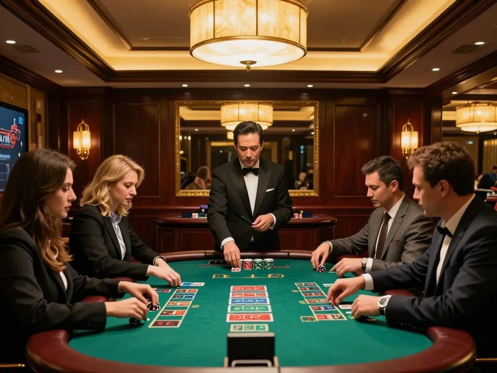 God55 players engaging in an exciting blackjack game, showcasing a vibrant casino atmosphere.