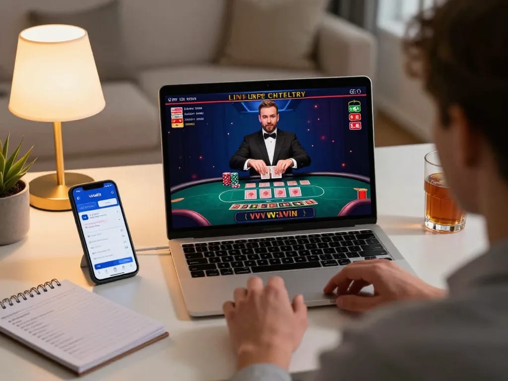 Engage with vvvwin online casino, exploring live dealer games and strategic betting from a stylish home setup.