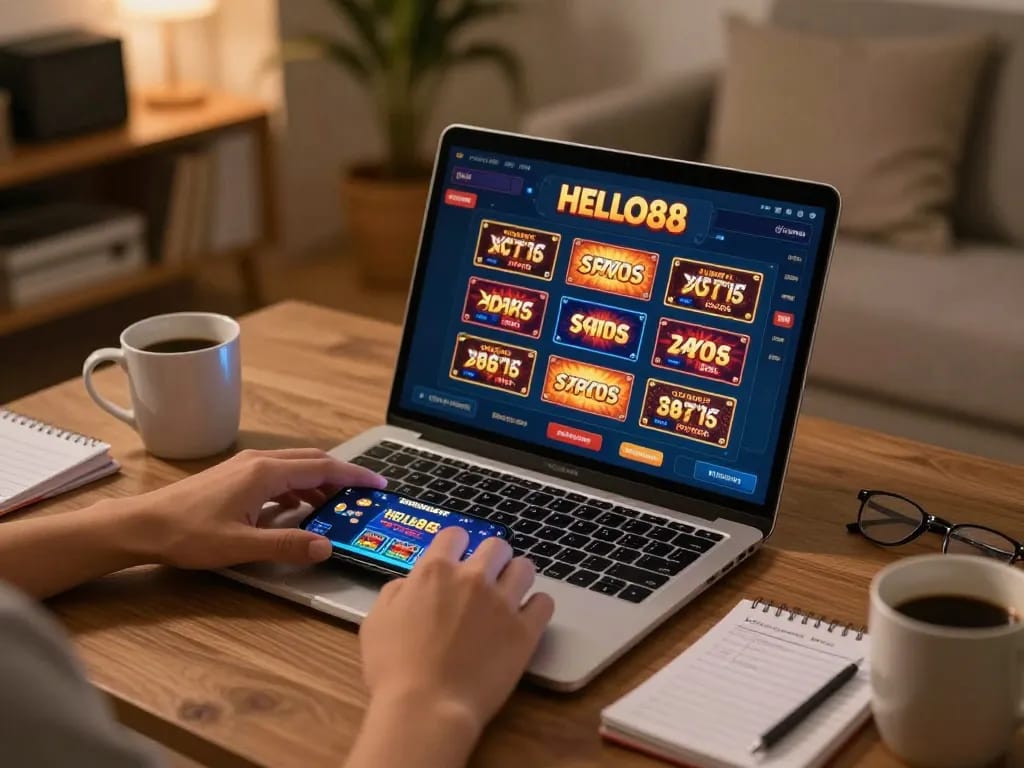 Engaging with HELLO88 online casino games on a cozy home setup with strategy notes.