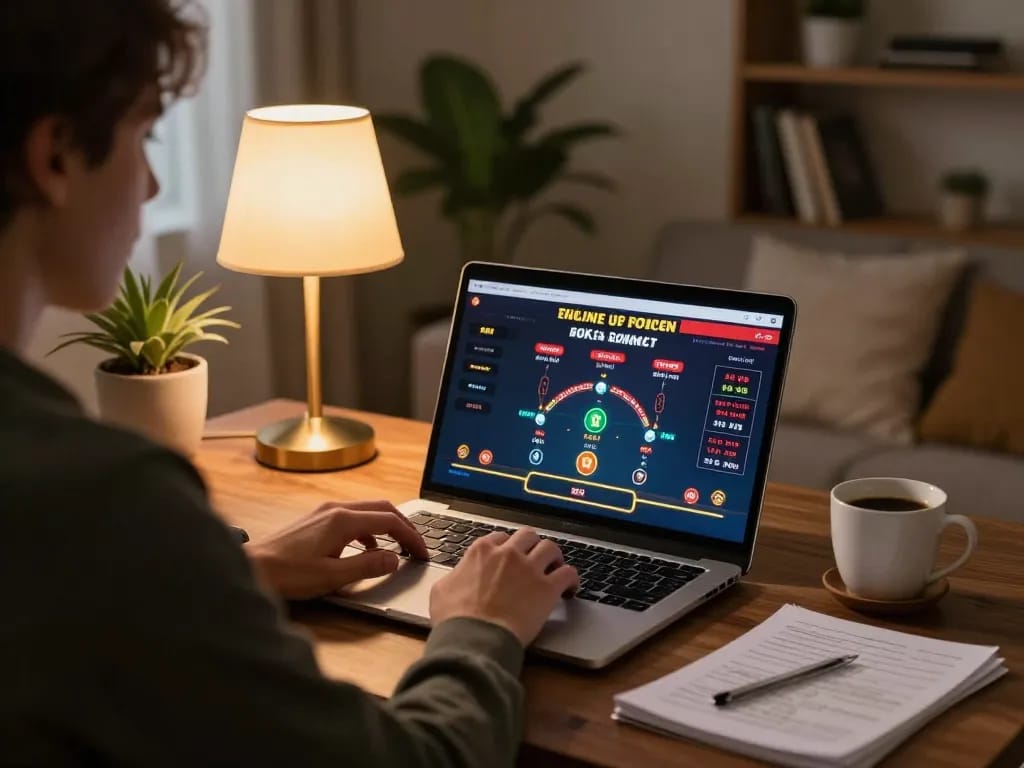 An engaged player at 68win focusing on poker strategy in a cozy home setting.