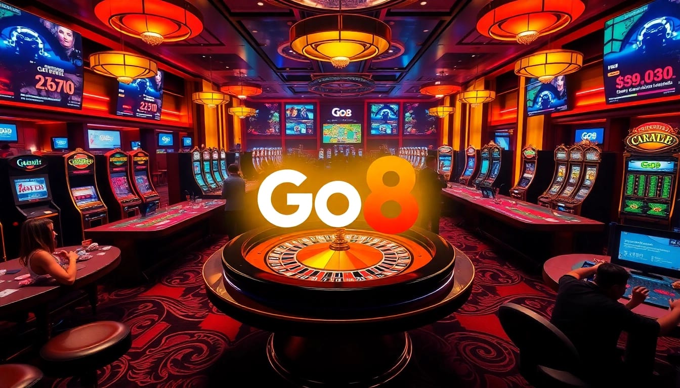Go8 players enjoying a lively atmosphere at a luxury casino with vibrant tables and games.