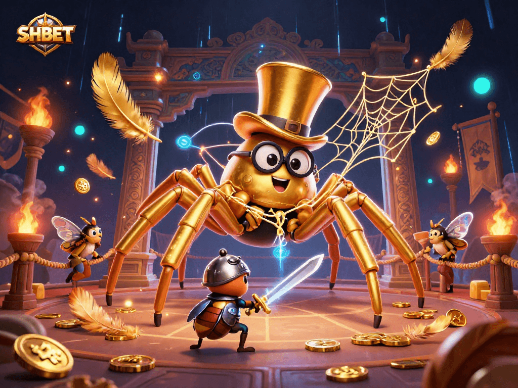 Experience thrilling gameplay with SHBET's golden tarantula and beetle knight in a vibrant casino world.