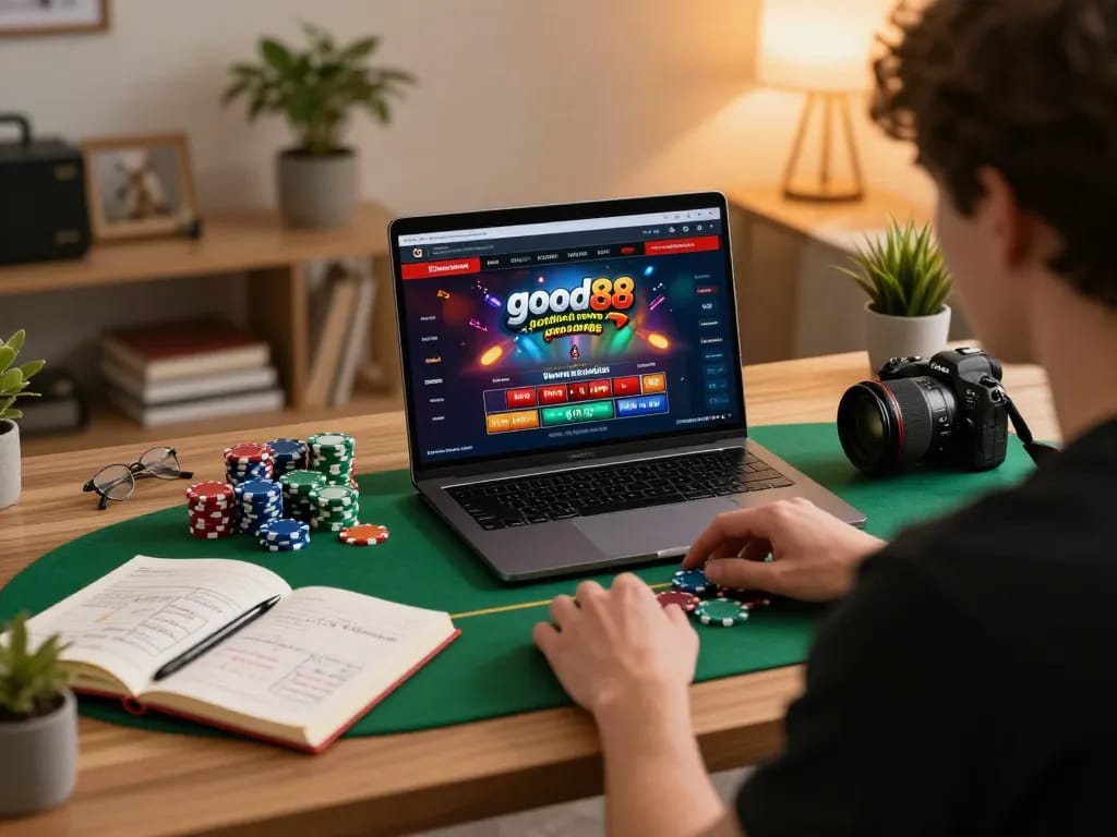 Engaging player enjoying good88 online casino experience with poker layout on laptop.