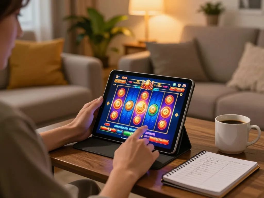 Bermain game slot online dengan tablet di rumah sambil menikmati suasana santai.
