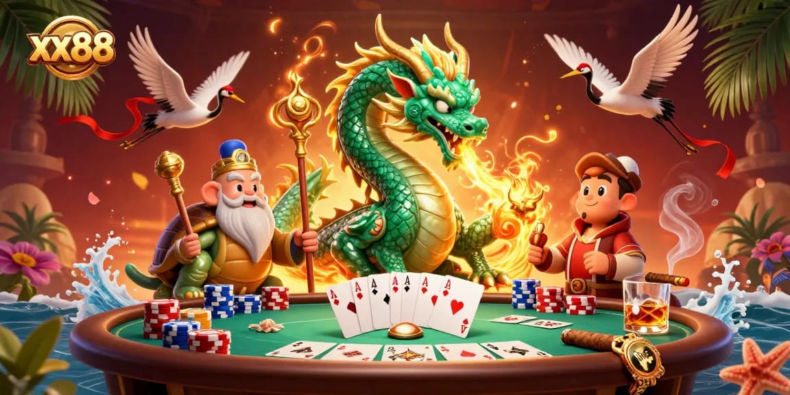 Experience the thrill of xx88 with a vibrant illustration featuring poker elements and mythical characters.