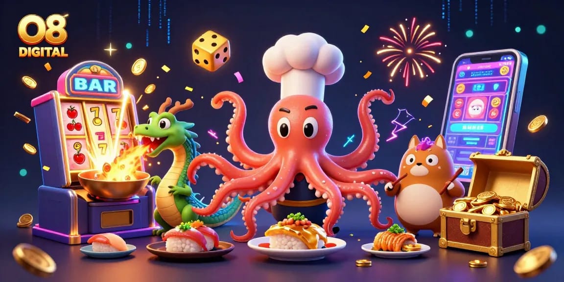 Engage in thrilling slots excitement with O8 DIGITAL's vibrant, animated 3D casino scene showcasing fun characters.