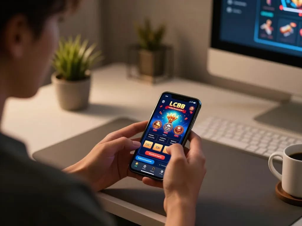 Engaging with lc88 casino app on smartphone in cozy home office