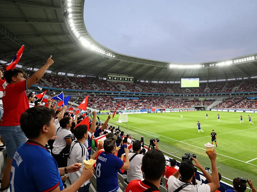 A vibrant football match scene on 7M, showcasing fans passionately cheering while players display skill on the field.