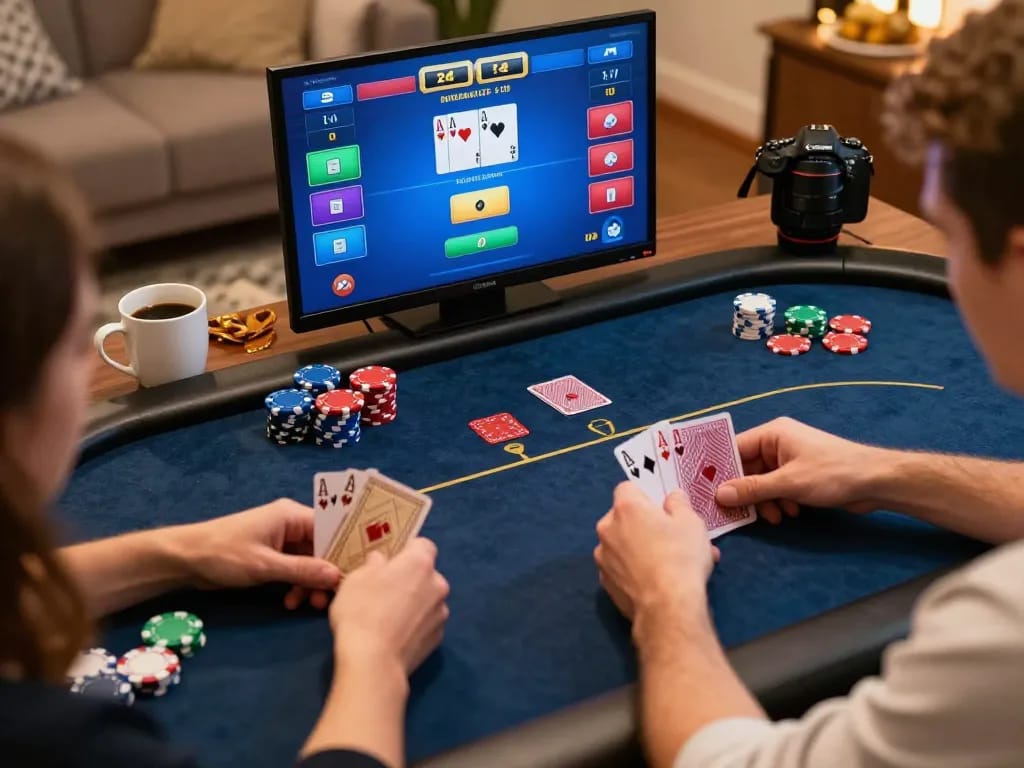 Engage in thrilling online poker gameplay with FLY88 while chips stack up in a cozy setting