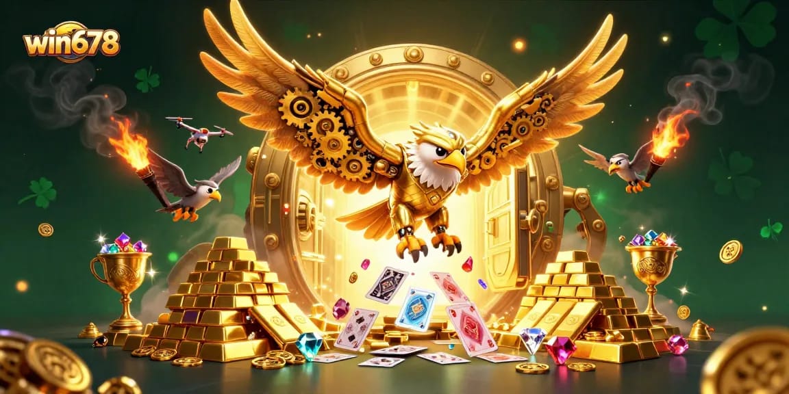 Experience the thrill of win678 with a captivating 3D illustration showcasing an eagle amidst dynamic casino elements.