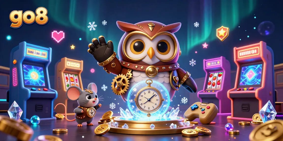 Engage with go8's immersive casino experience featuring a steampunk owl and dynamic gaming elements.