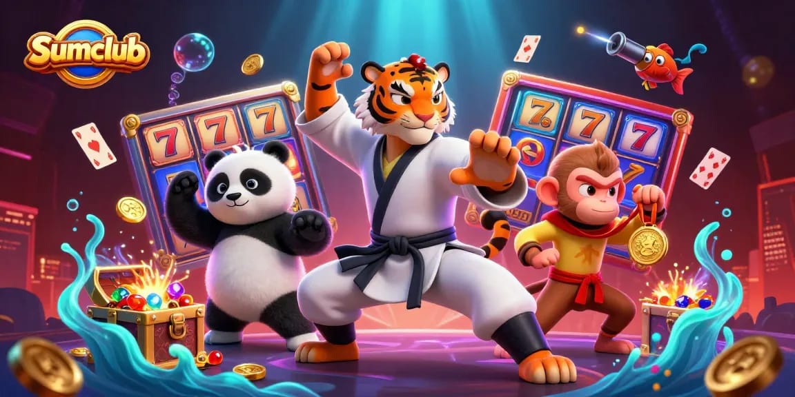 Engage with Sumclub's thrilling gaming elements featuring cartoon characters in a vibrant casino setting.