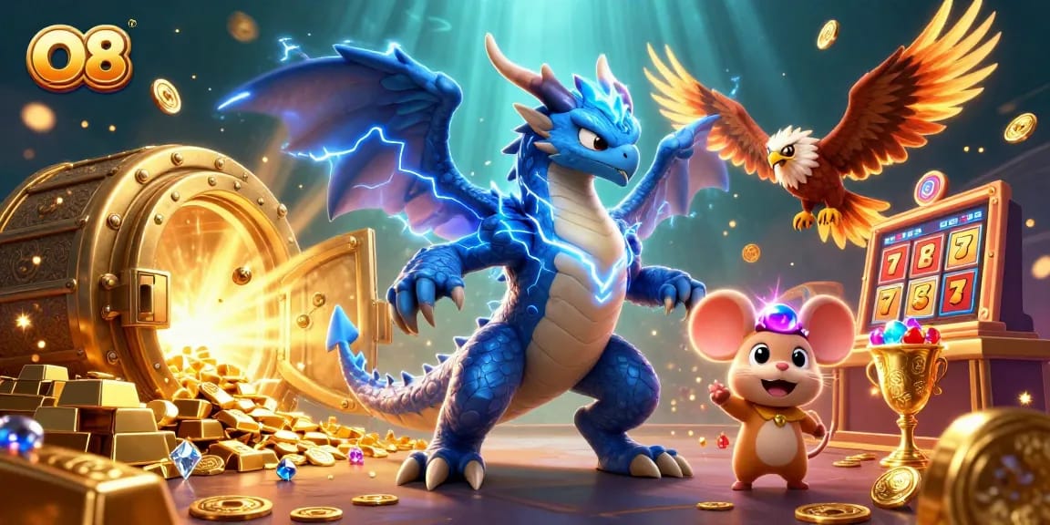 Engage with O8's thrilling casino experience featuring animated characters and vibrant treasures.