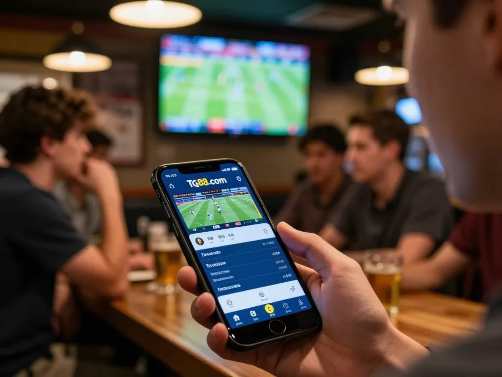 Person placing a bet on sports through Tg88.com app while watching live game on TV.