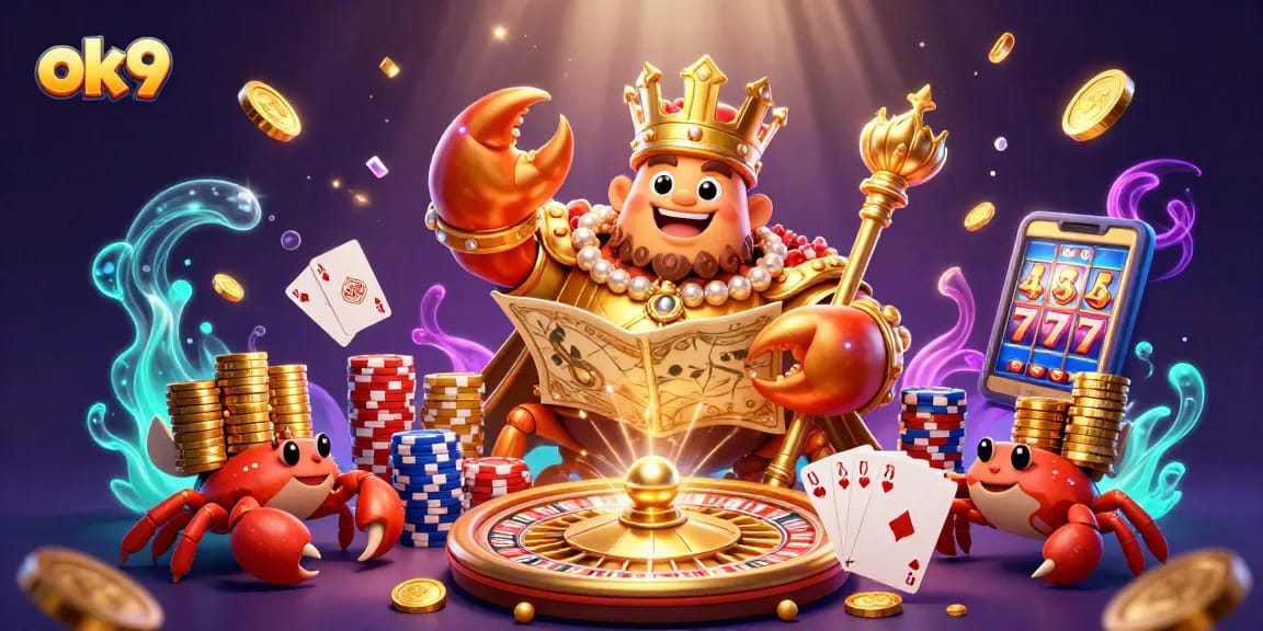 Join the adventure at ok9 as the golden crab emperor leads a vibrant casino scene with riches and excitement.