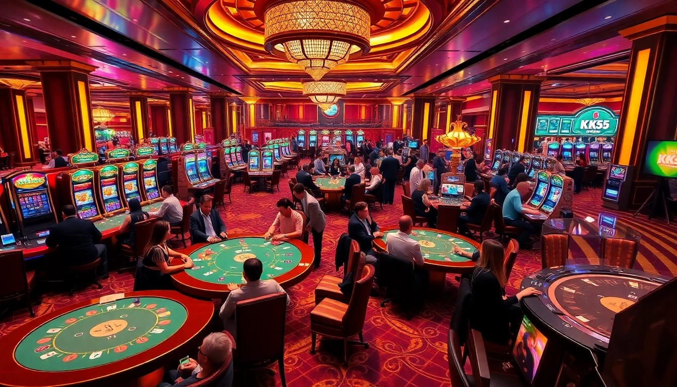 Players celebrate wins at the upscale KK55 casino, enjoying the vibrant atmosphere and luxury.