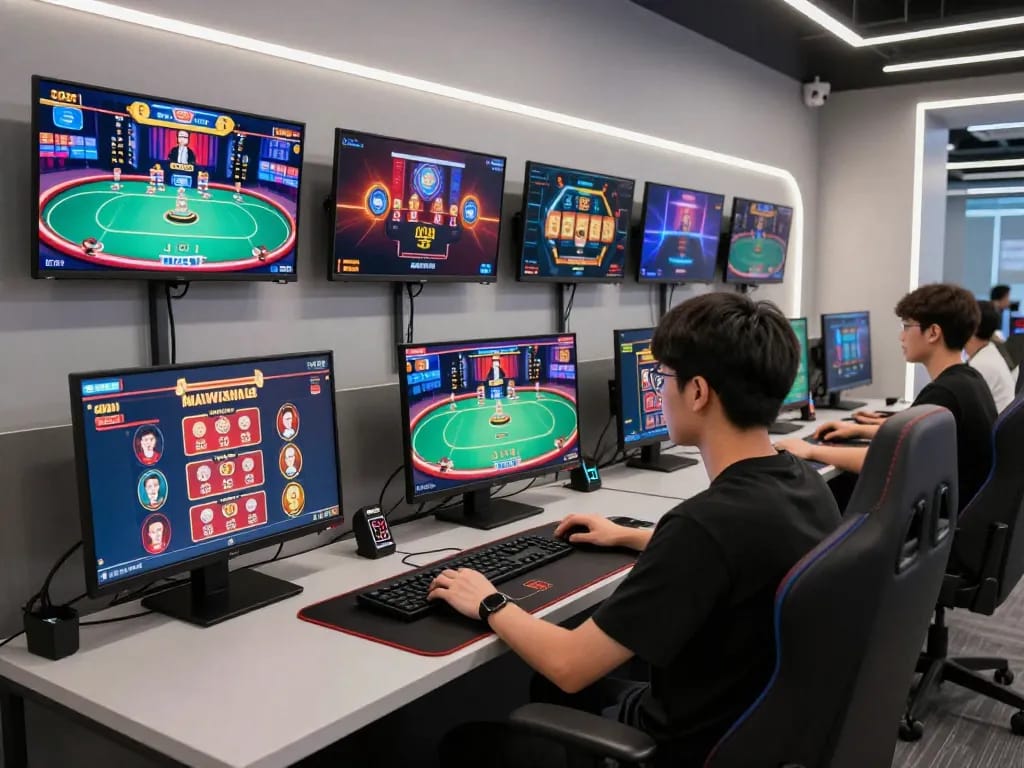 Engaging online casino experience with 999bet interface displayed on multiple screens, focused gameplay setting