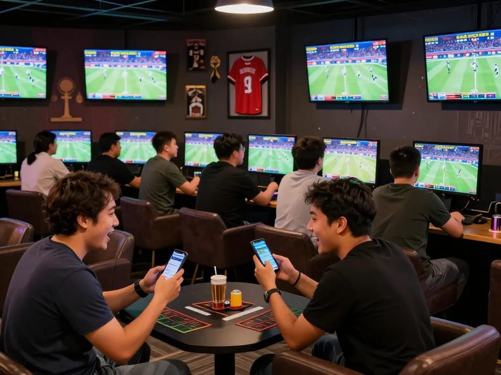Cheering fans at a sports betting lounge excitedly engaging in strategic wagering at hitclub venue