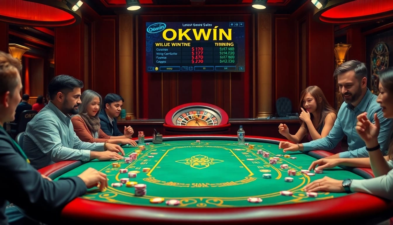 Players engaging in the Okwin game with poker chips and colorful elements at a casino table.