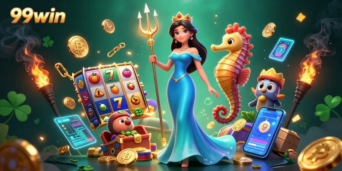 Engage with 99win's vibrant casino game scene featuring a glamorous woman and seahorse king.