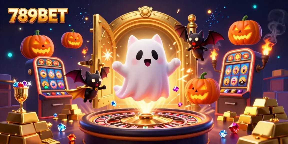 Bet on thrilling adventures at 789BET with a friendly ghost cat and vibrant casino elements.