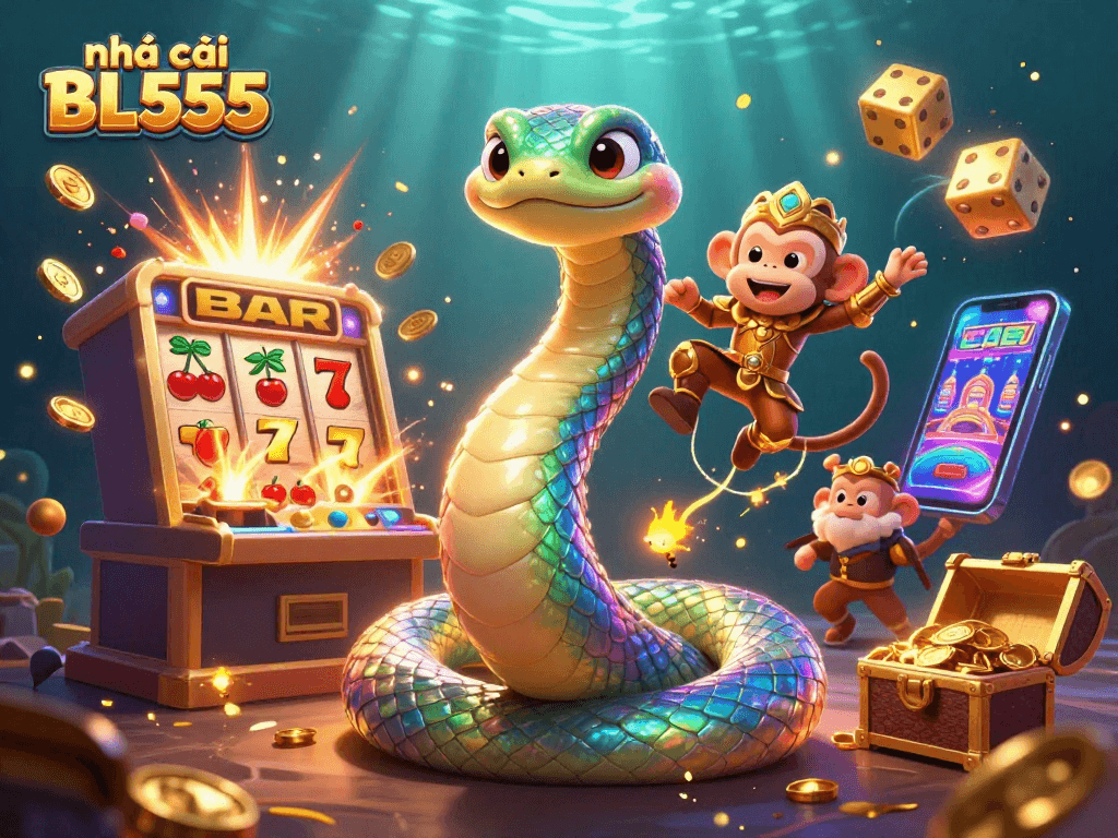 Experience thrilling gaming at nhà cái BL555 with vibrant slots, a jackpot explosion, and immersive characters.