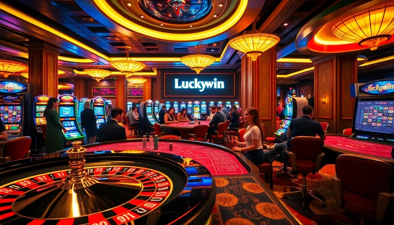 Luckywin casino scene showcasing vibrant games, engaged players, and luxurious decor.