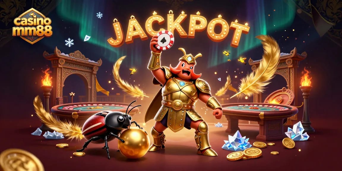 Experience the excitement of casino mm88 with a 3D victory scene featuring vibrant characters, poker chips, and live gaming elements.