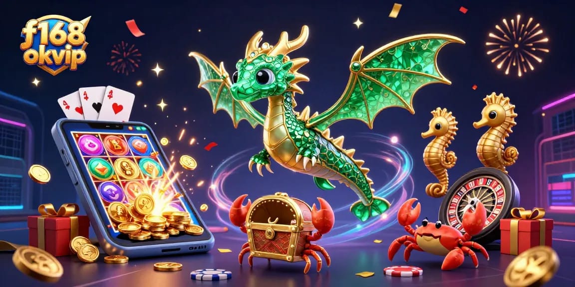 Win big at f168 okvip with colorful slots and exciting casino games in this vibrant 3D illustration.