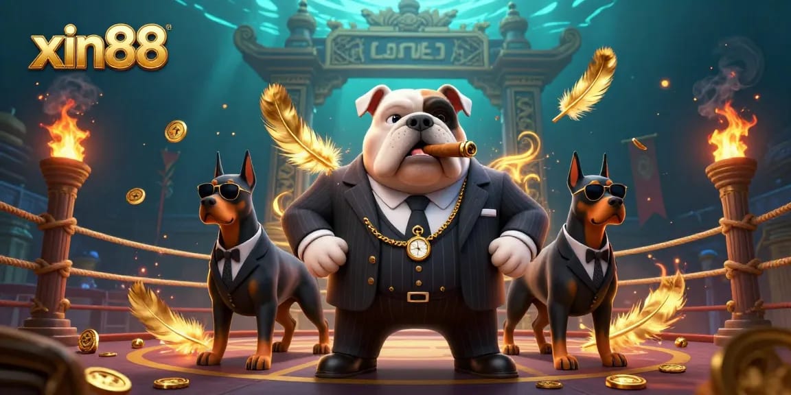 Experience thrilling gaming action at xin88 with a dynamic 3D illustration featuring a charming mafia bulldog boss and his bodyguards in a vibrant casino setup.