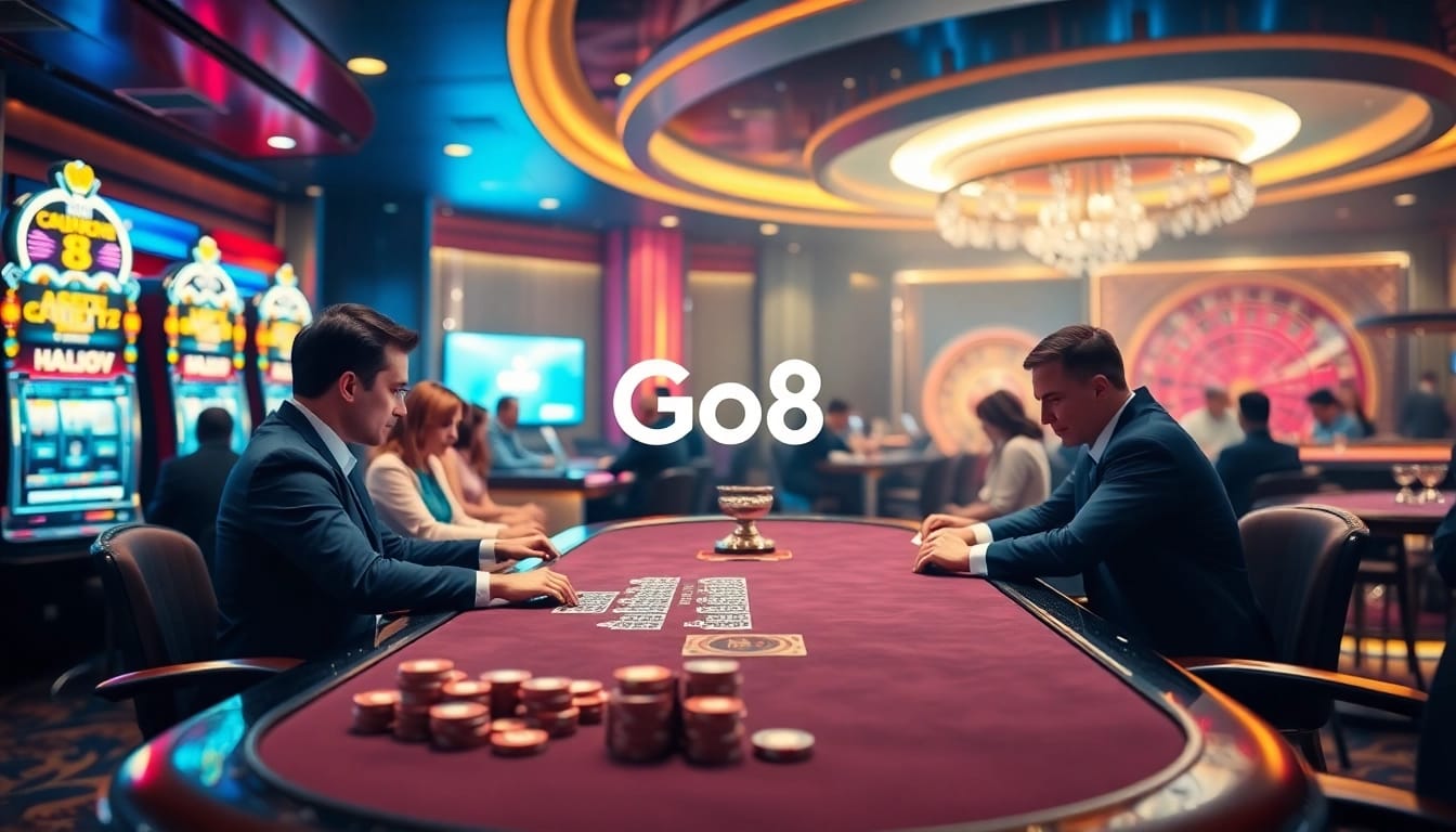 Players enjoy a luxurious casino experience at Go8 with vibrant tables and exciting games.