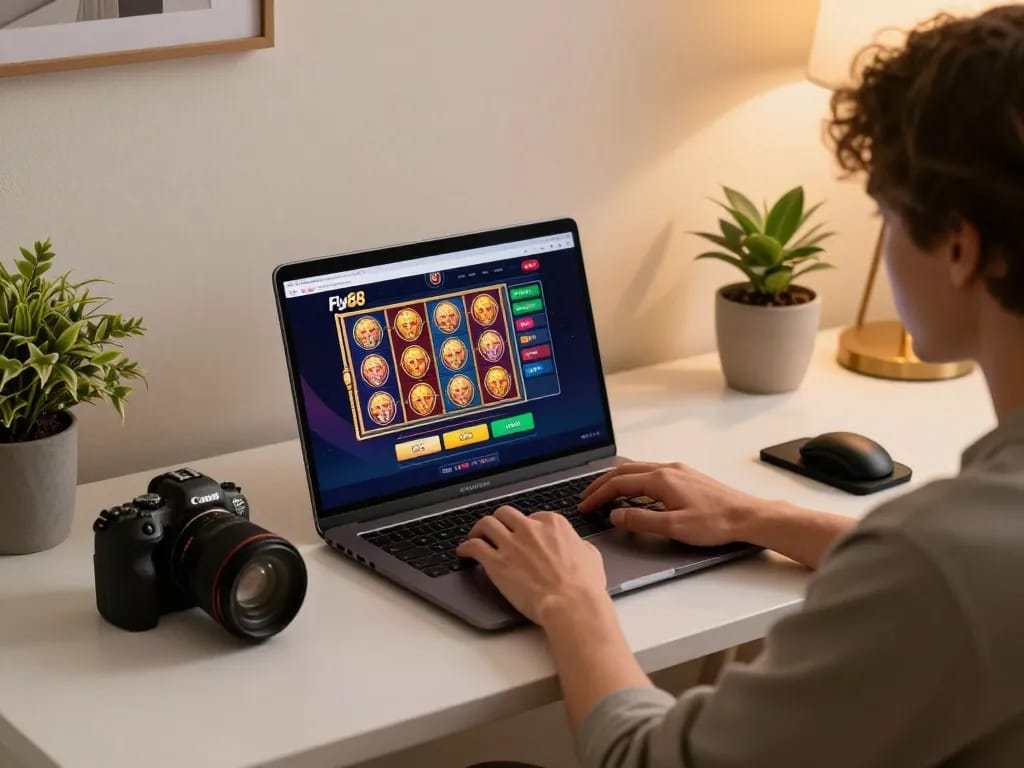 Engaging online gaming session at home with fly88 displayed on the laptop, reflecting a vibrant and immersive experience