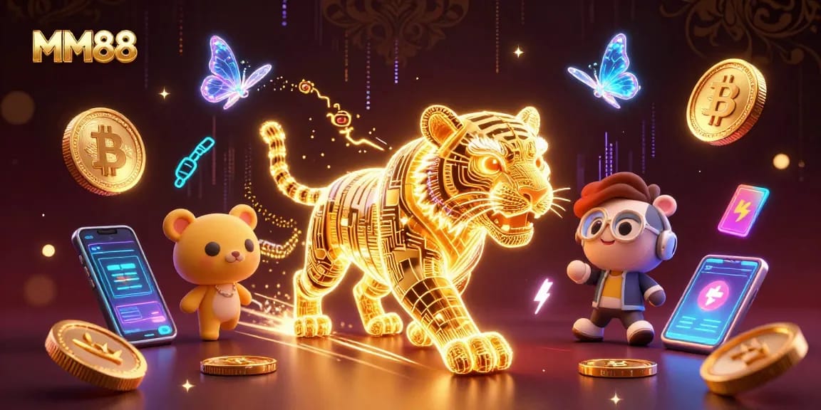 Experience the thrill of MM88 with neon-lit characters and digital casino elements, capturing the excitement of online gaming.