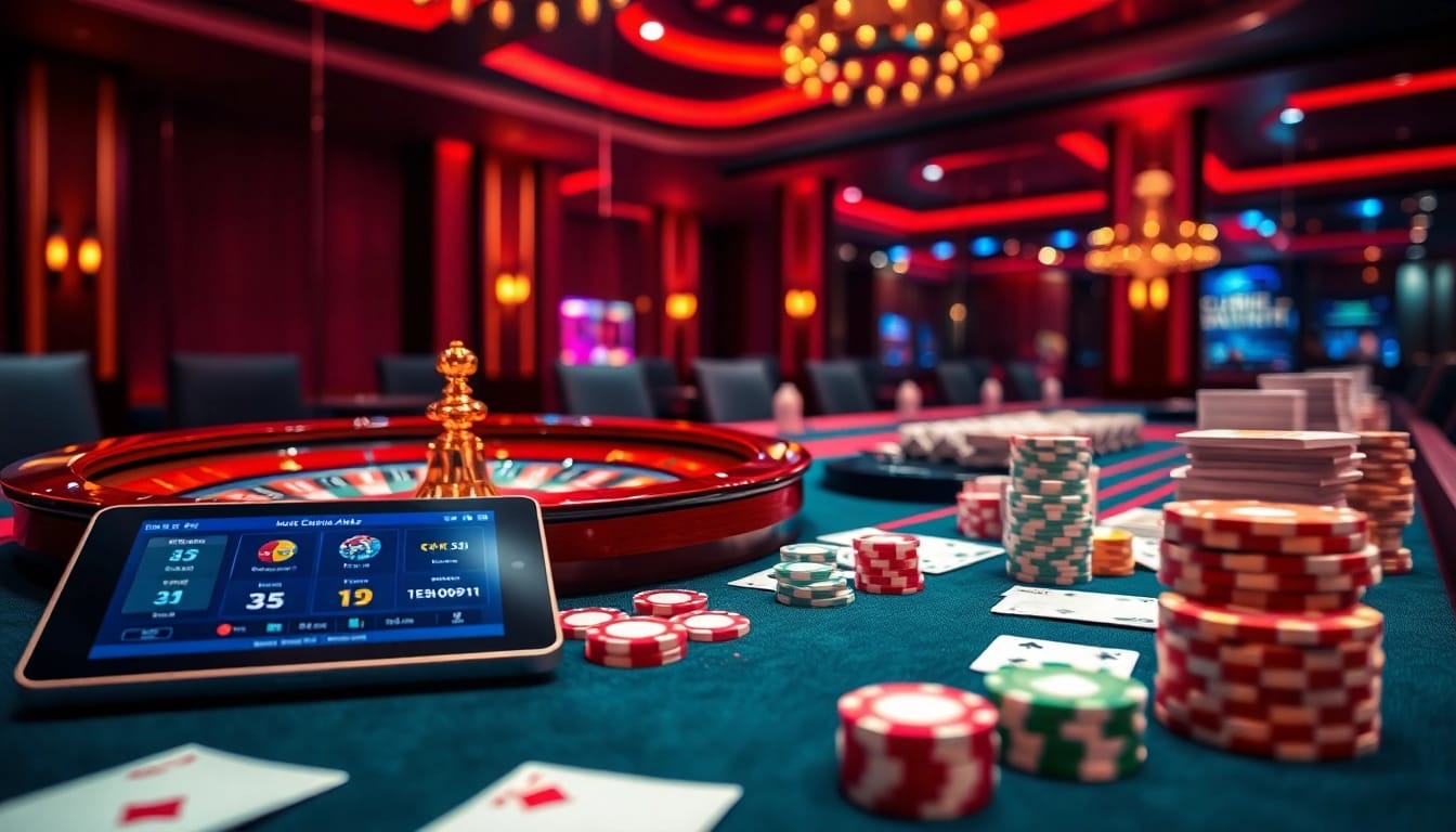 Experience high-stakes gaming at https://88new.autos/ with a vibrant casino table displaying roulette and poker elements.
