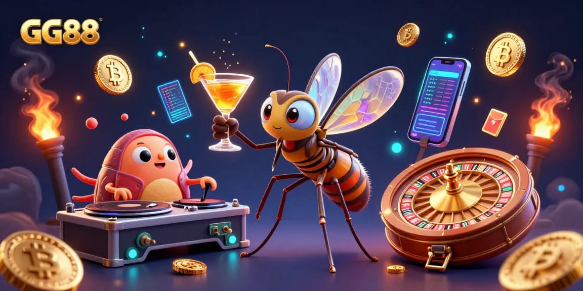 GG88 offers vibrant gameplay enhanced by glowing crypto elements and a lively casino atmosphere.
