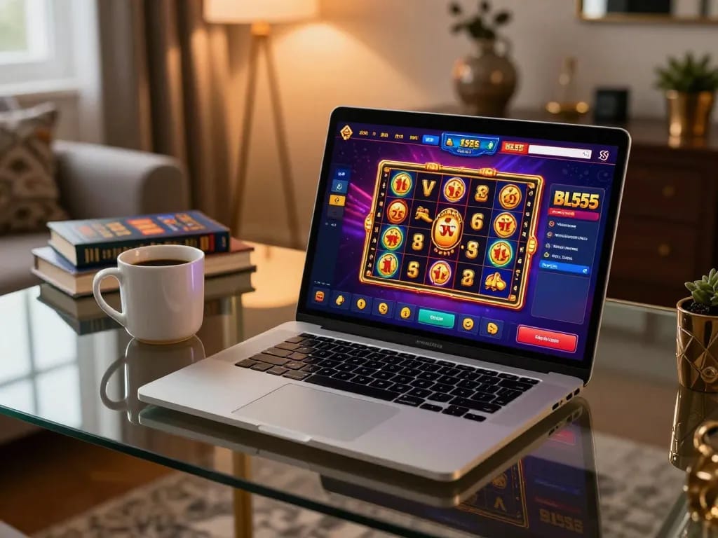 Engaging online gaming experience with BL555 on a sleek laptop showcasing vibrant slot games.