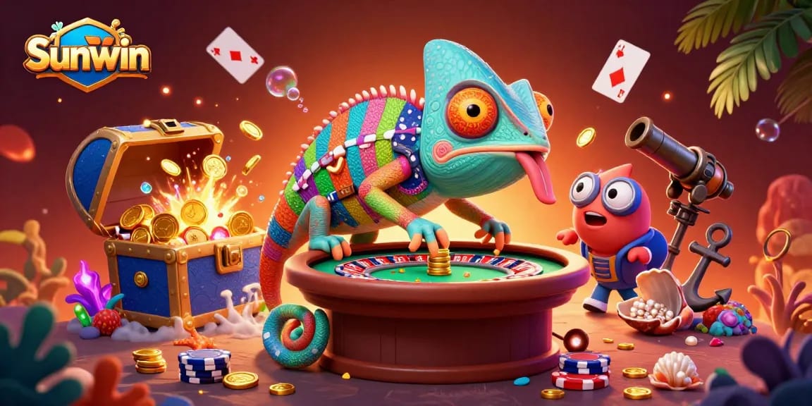 Engage in the vibrant world of Sunwin as a chameleon casino owner snaps golden coins amidst glowing treasures.