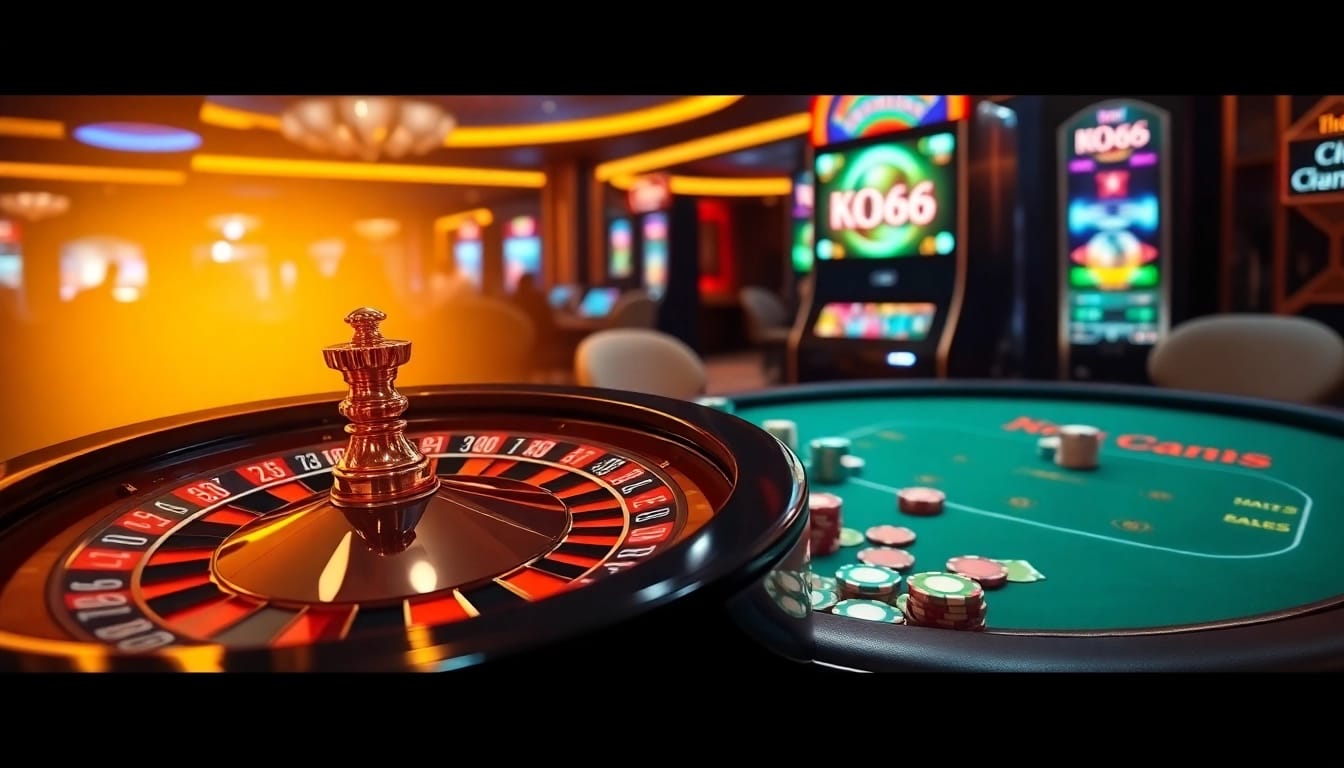 Người chơi casino KO66 tận hưởng trò chơi tại các bàn sang trọng với bánh xe roulette rực rỡ.
