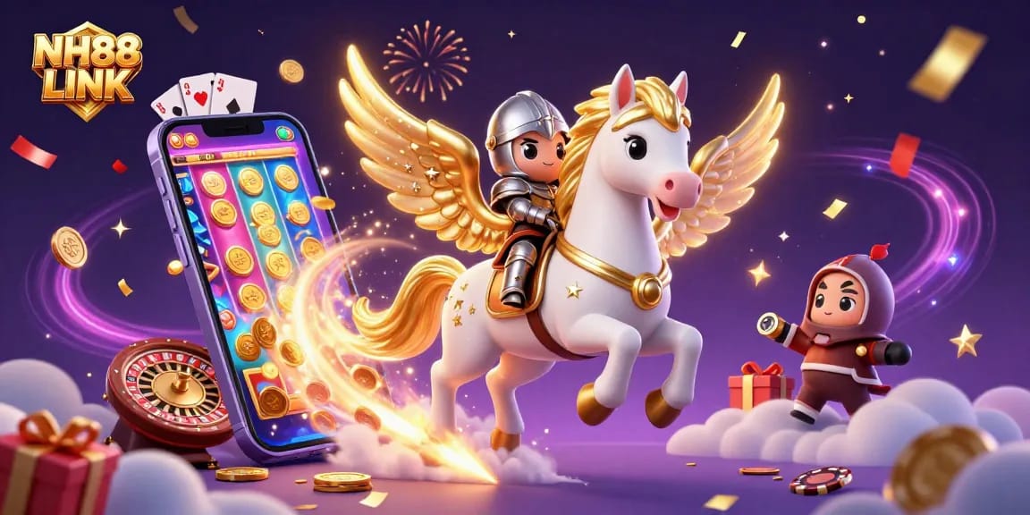 Experience thrilling gameplay at NH88 LINK with a captivating scene of a knight and celestial horse amid dynamic casino elements.