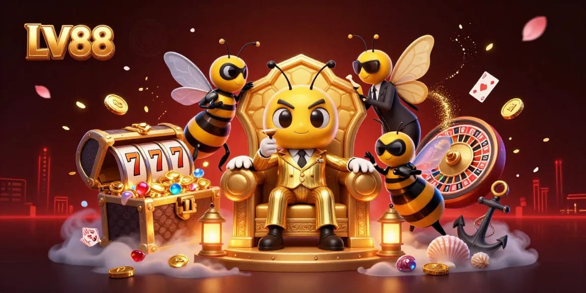 Experience the thrill of LV88 casino with a vibrant illustration of a bumblebee mob boss and gaming elements.