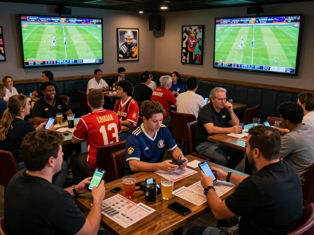 Football enthusiasts engage in live betting at a vibrant sports bar atmosphere, capturing excitement and strategy.