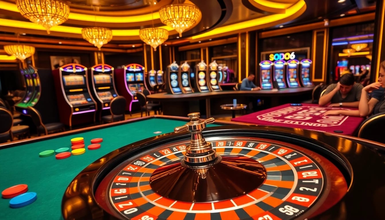 SODO66 casino ambiance showcasing thrilling games, lively roulette wheel, and eager players.
