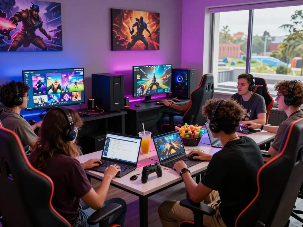Sunwin gaming community enjoying a lively online gaming experience in a vibrant lounge.